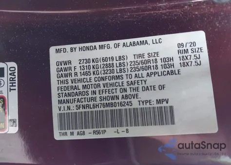 2021 Honda Odyssey Ex-L from USA, damaged, VIN 5FNRL6H76MB016245